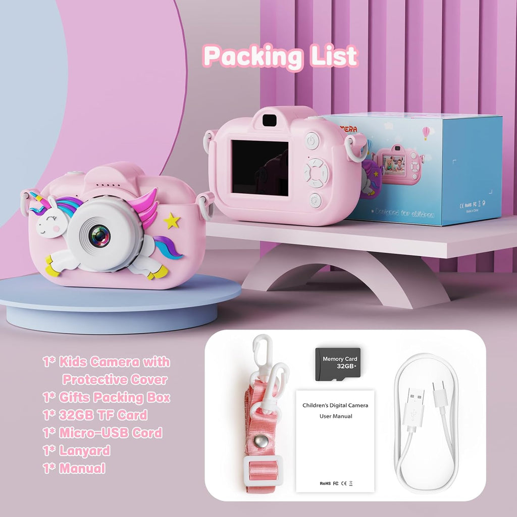 Songdian DC501J Appareil photo pour enfants avec étui souple à motif dessin animé Rose