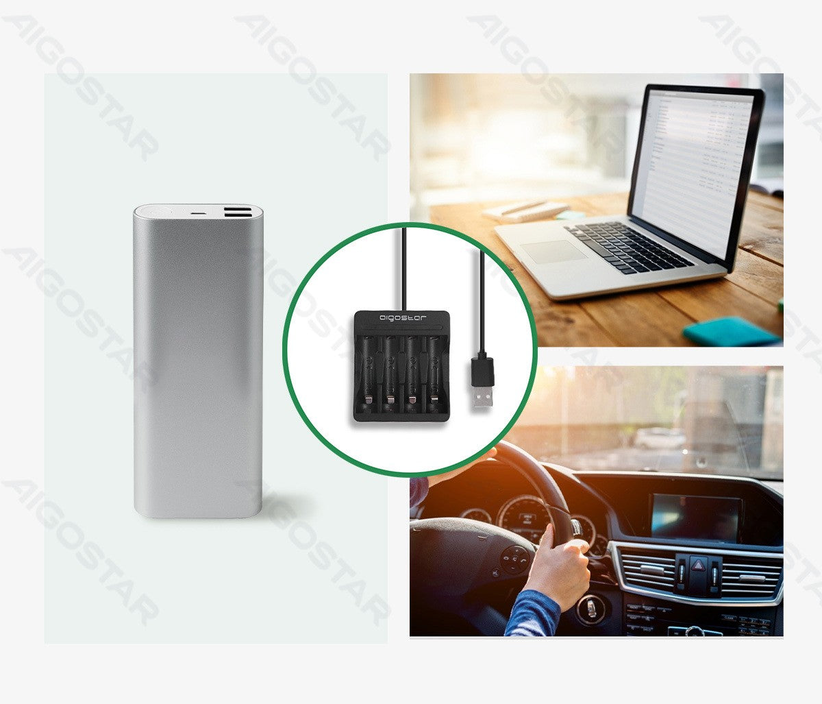 Aigostar Chargeur de piles à charge lente compatible AA et AAA avec port de charge type-C à 2 emplacements - Noir