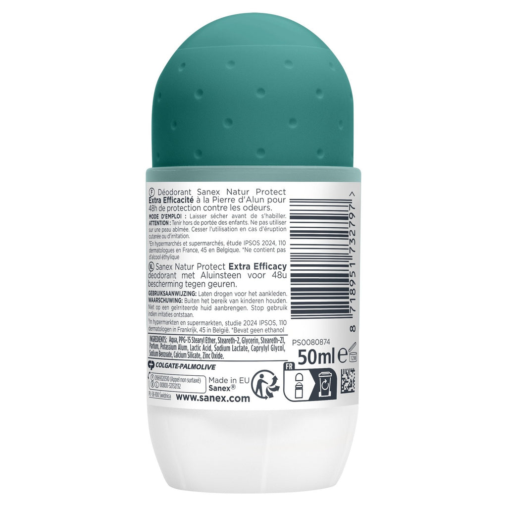 Sanex Déodorant bille Anti-odeurs Pierre d'Alun 48h Natur Protect 50 ml