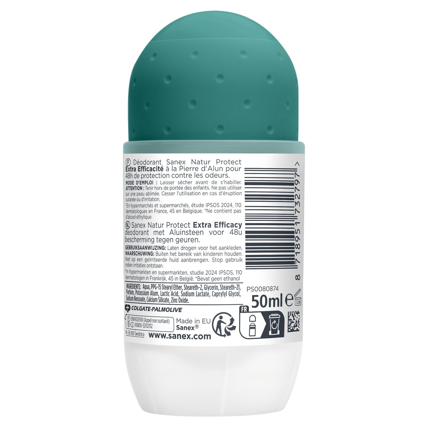 Sanex Déodorant bille Anti-odeurs Pierre d'Alun 48h Natur Protect 50 ml