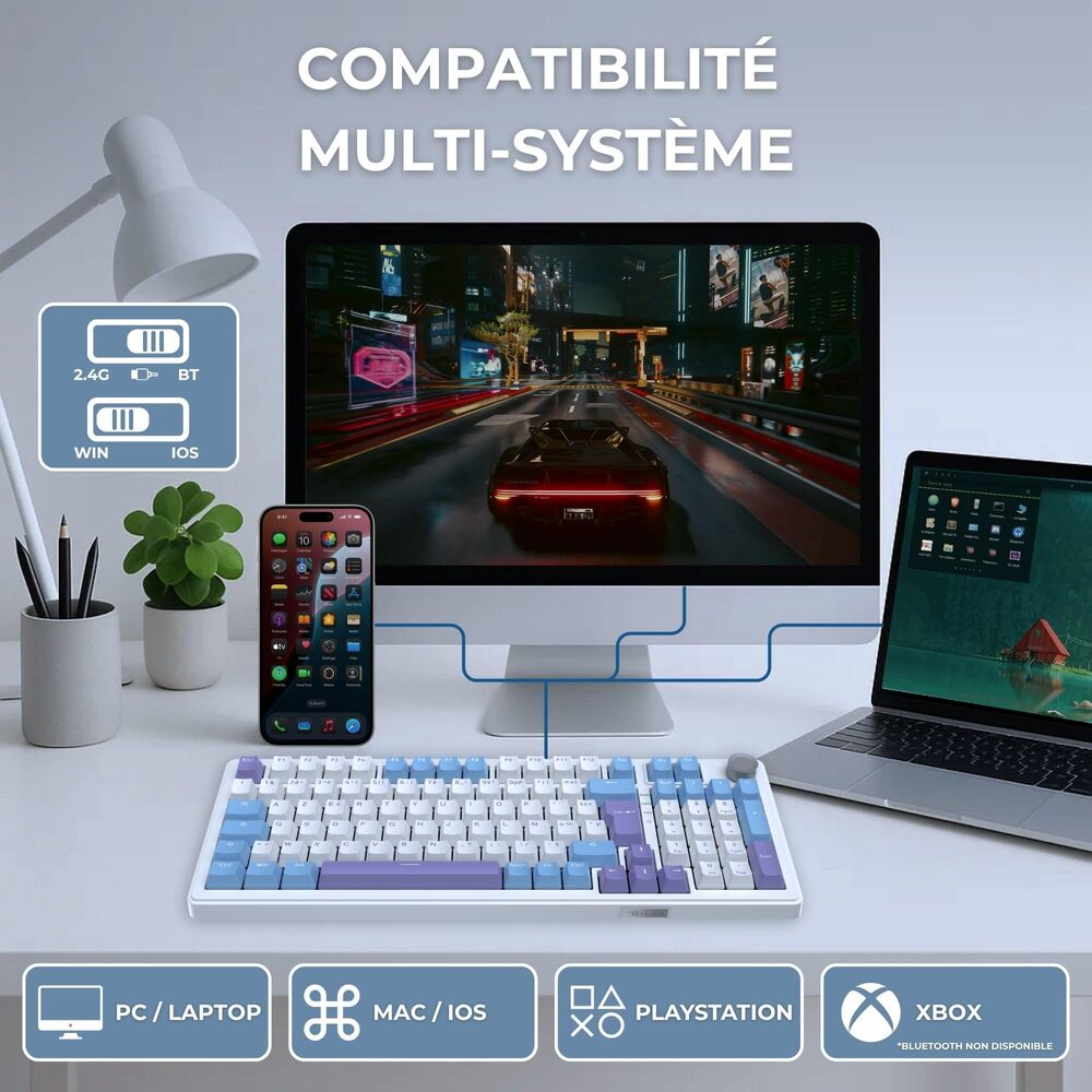 THE G-LAB KEYZ ELITE 400 Clavier Gaming Mécanique Switch Linéaire Triple Mode RGB, 96 % - QWERTY - Blanc/Bleu