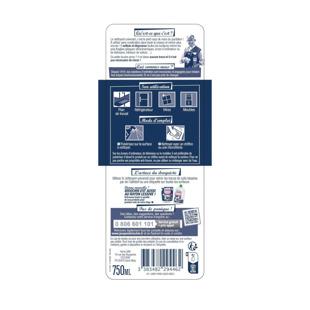 Jacques Briochin Spray Nettoyant Multi-Surfaces Universel Anti-Traces 750 ml