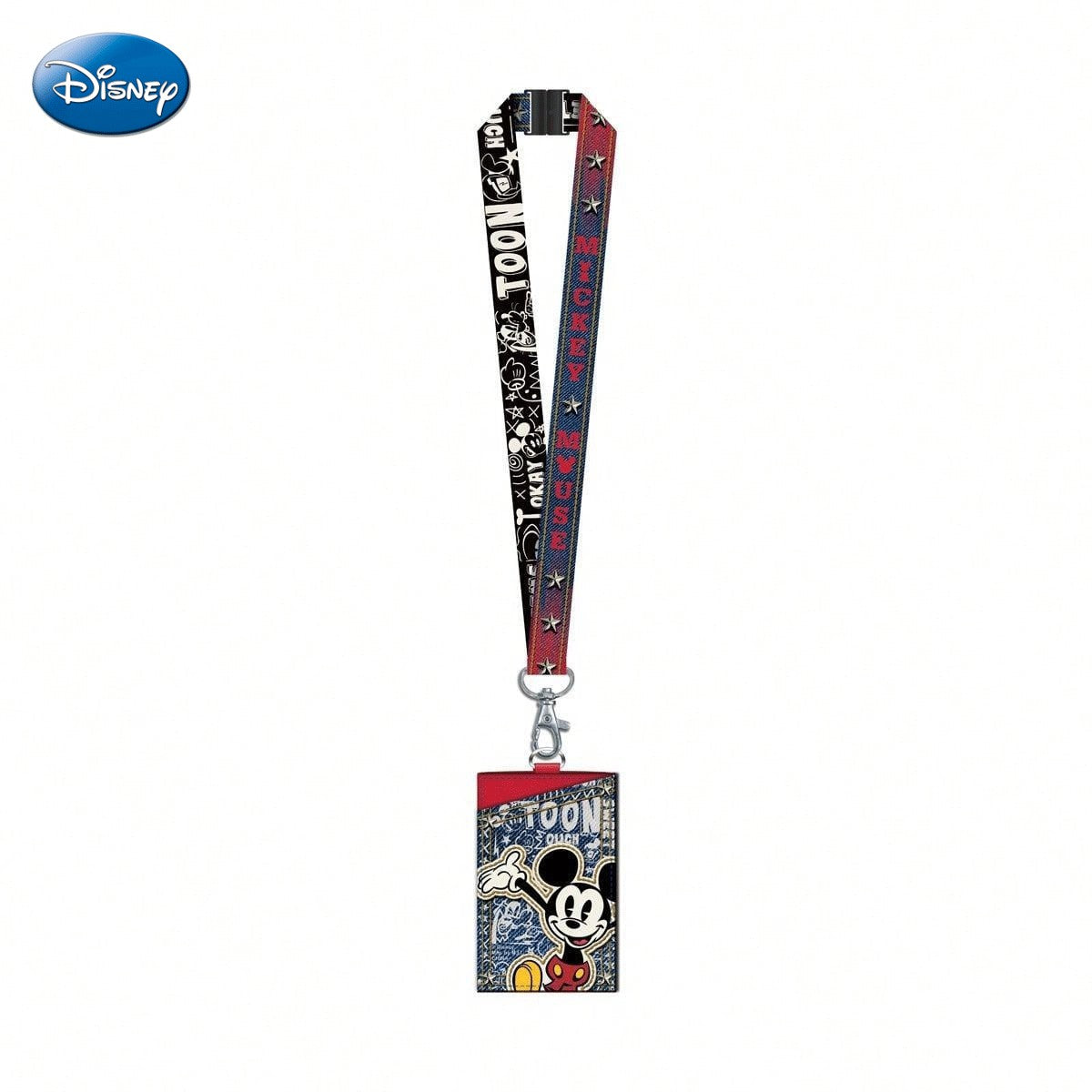 DISNEY 1 pièce Porte-cartes tour de cou Mickey Mouse, sous licence officielle, Denim rouge à pois, Thème dessin animé, Produit dérivé films et dessin animé