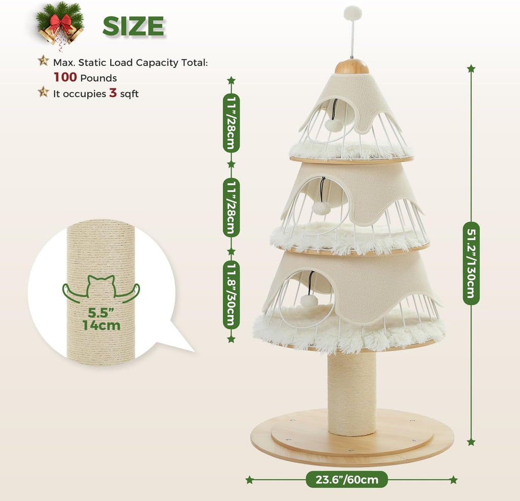 PAWZ Road Arbre de Noël pour chat 130 cm, tour pour chat avec poteau à griffer recouvert de sisal de 14 cm et 3 grandes niches pour chat, grand poteau à griffer pour chats d’intérieur, Blanc