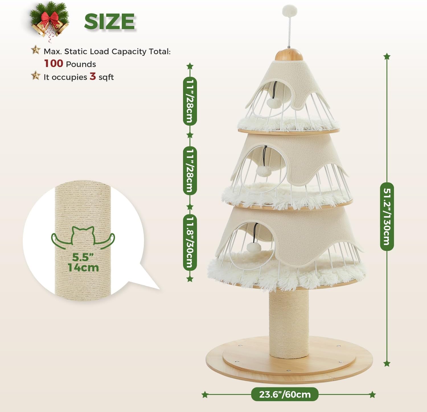 PAWZ Road Arbre de Noël pour chat 130 cm, tour pour chat avec poteau à griffer recouvert de sisal de 14 cm et 3 grandes niches pour chat, grand poteau à griffer pour chats d’intérieur, Blanc