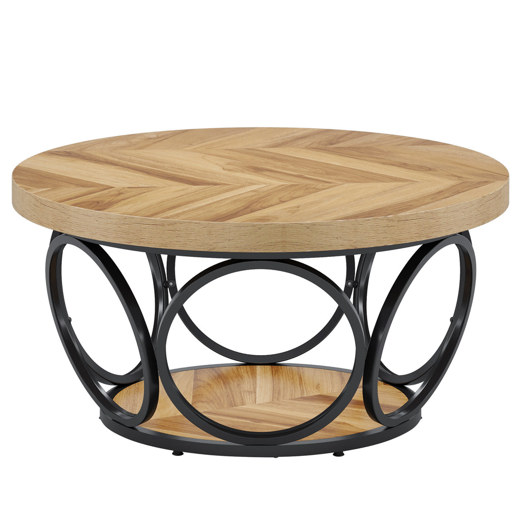 Tribesigns Table basse ronde 80 cm style ferme, rangement 2 niveaux, cadre en métal, grain de bois marron