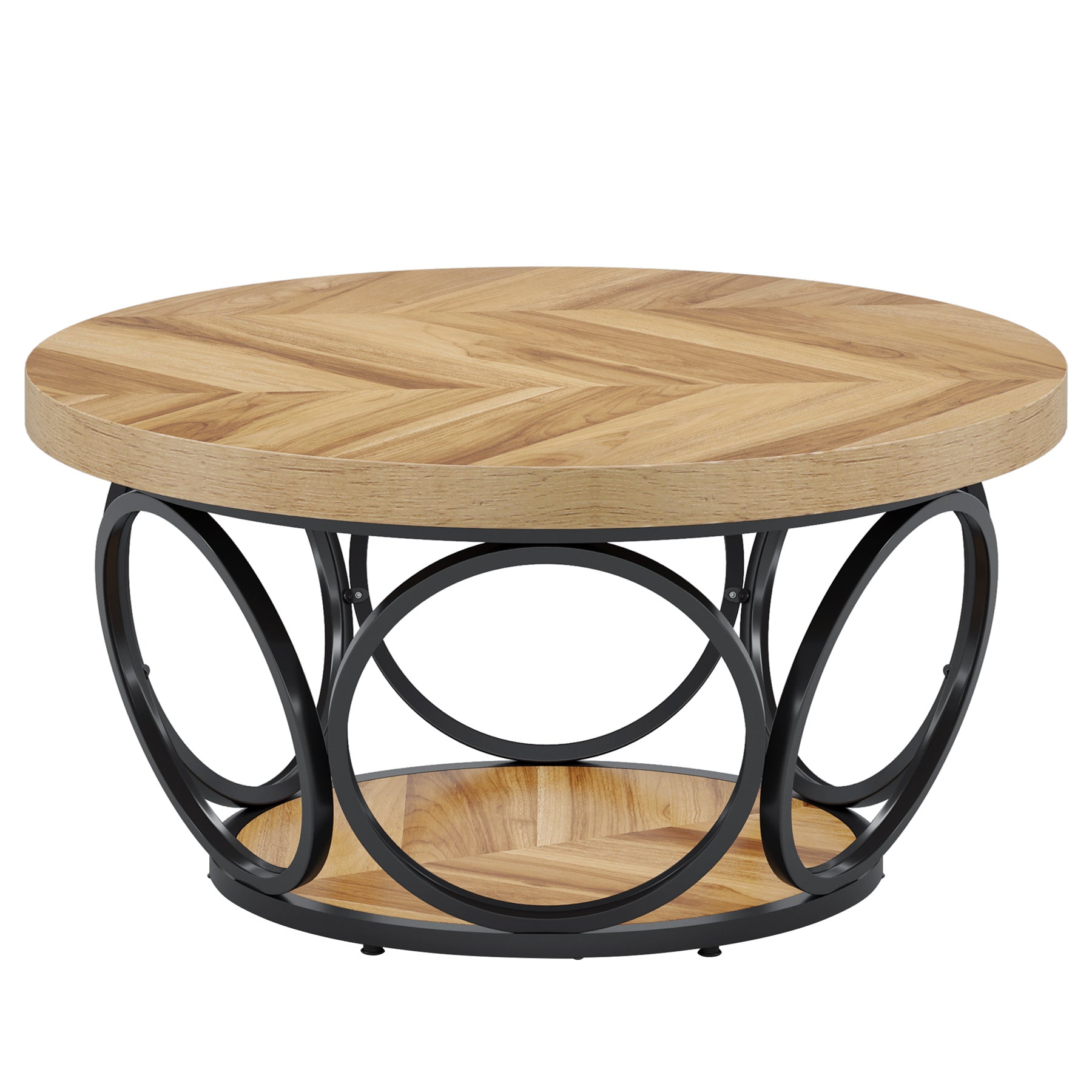 Tribesigns Table basse ronde 80 cm style ferme, rangement 2 niveaux, cadre en métal, grain de bois marron