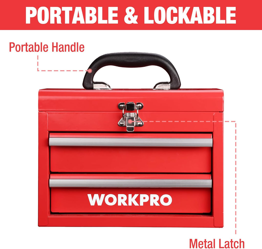 WORKPRO Mini portable, boîte en acier à double compartiment (glissière à rouleaux améliorée, avec serrure et poignée) - Rouge