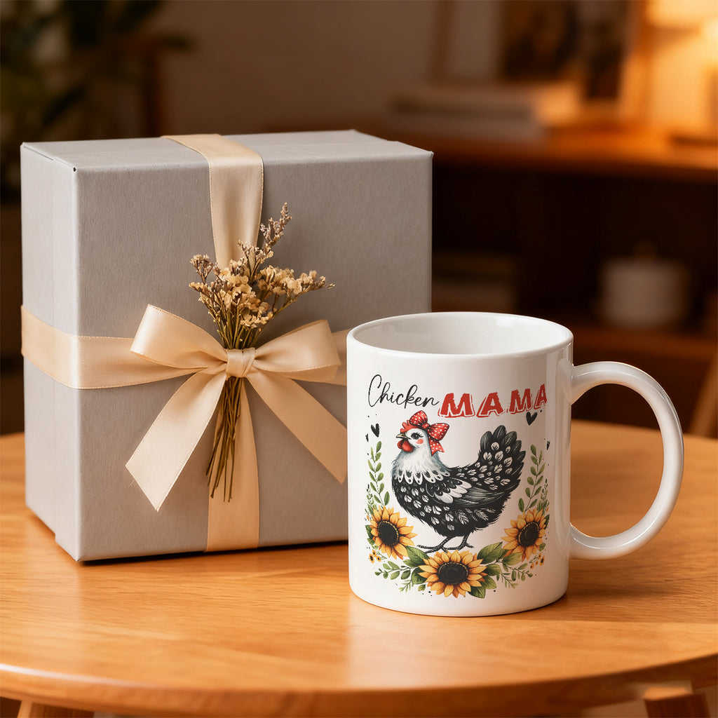 Alphynix 1 pièce mug blanc 11 oz avec motif humoristique « Maman poule » style maison de campagne et nœud rouge, cadeau unique et humoristique de Noël ou d’Action de grâce
