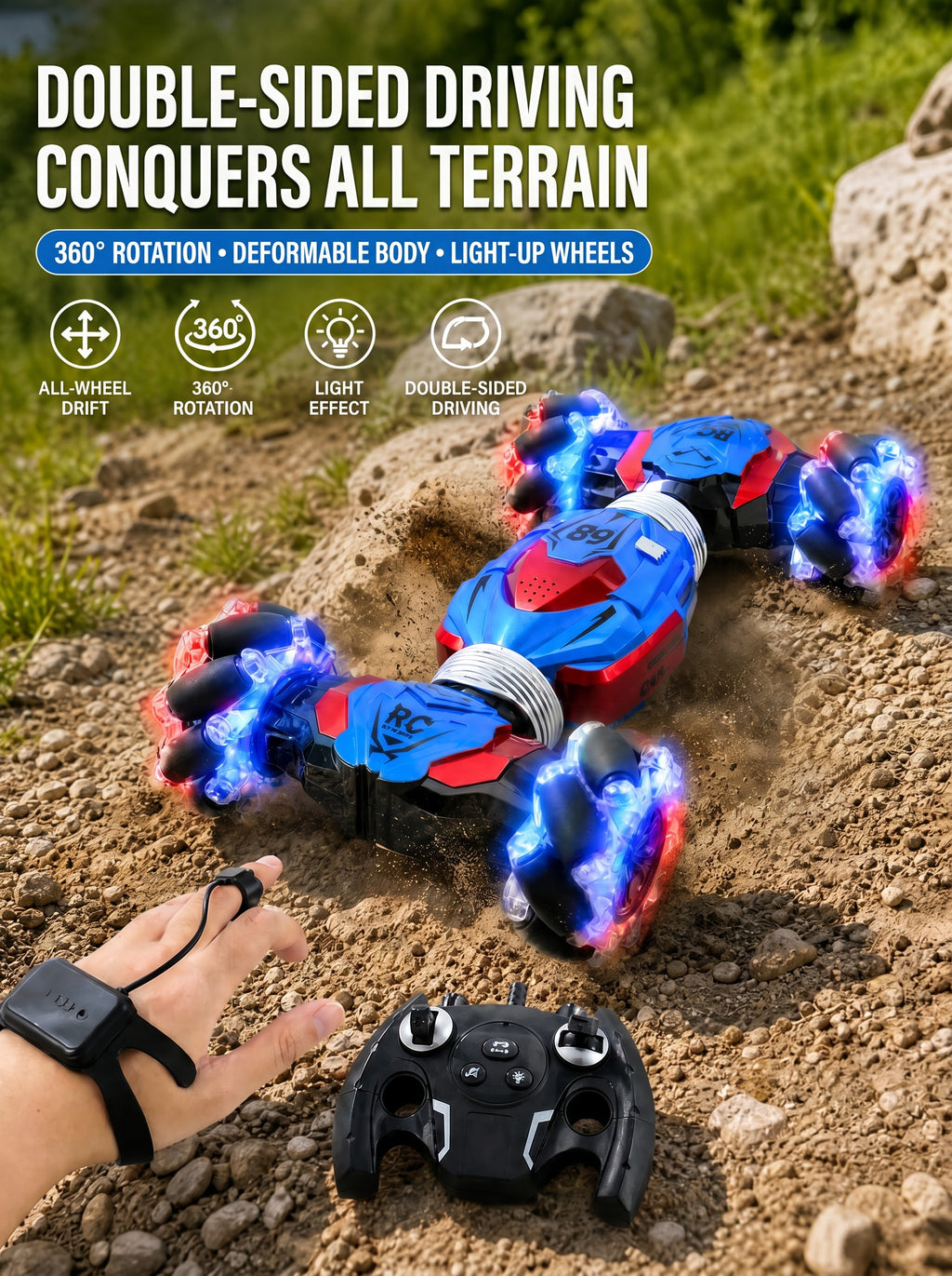 S4DRC HYPER 1:16 Voiture de Cascade RC Contrôlée par Gestes, Véhicule de Drift Tout-Terrain Transformable 4WD, Doubles Radiocommandes avec Lumières LED, Cadeau Jouet pour Enfants, One Piece en Bleu