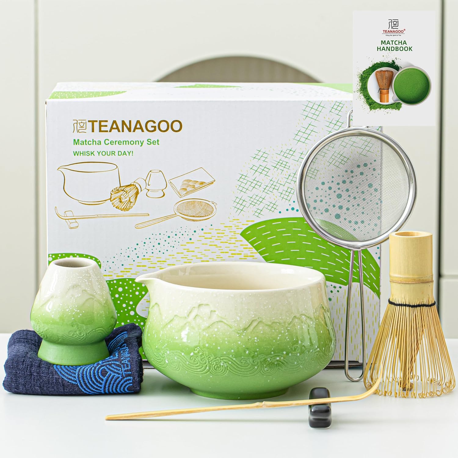 TEANAGOO Ensemble matcha 7 pièces, ensemble fouet à matcha vert, kit poudre de matcha pour cérémonie, service à thé matcha pour préparer des lattés