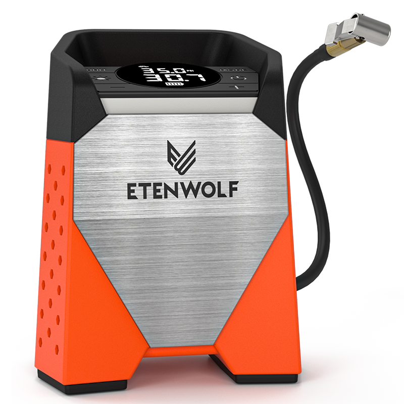ETENWOLF ZEPHYR S3 Gonfleur de pneus portable, compresseur d'air, cycle de service à 100 %, pompe à air 160 PSI - Orange vif