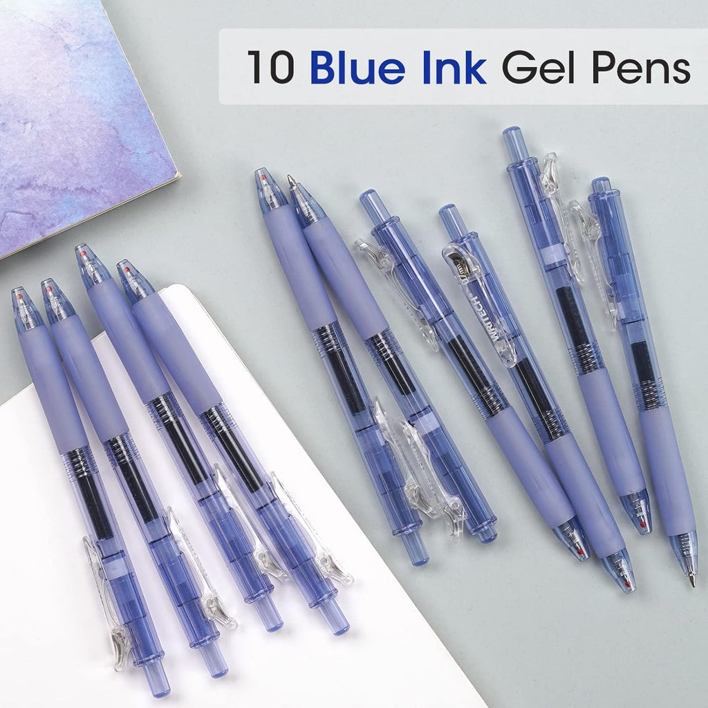 WRITECH Stylos à gel rétractables 0,7 mm, pointe moyenne, encre bleue, pour le journaling, écriture fluide, pointe fine, encre à séchage rapide, sans transfert, lot de 10 pièces