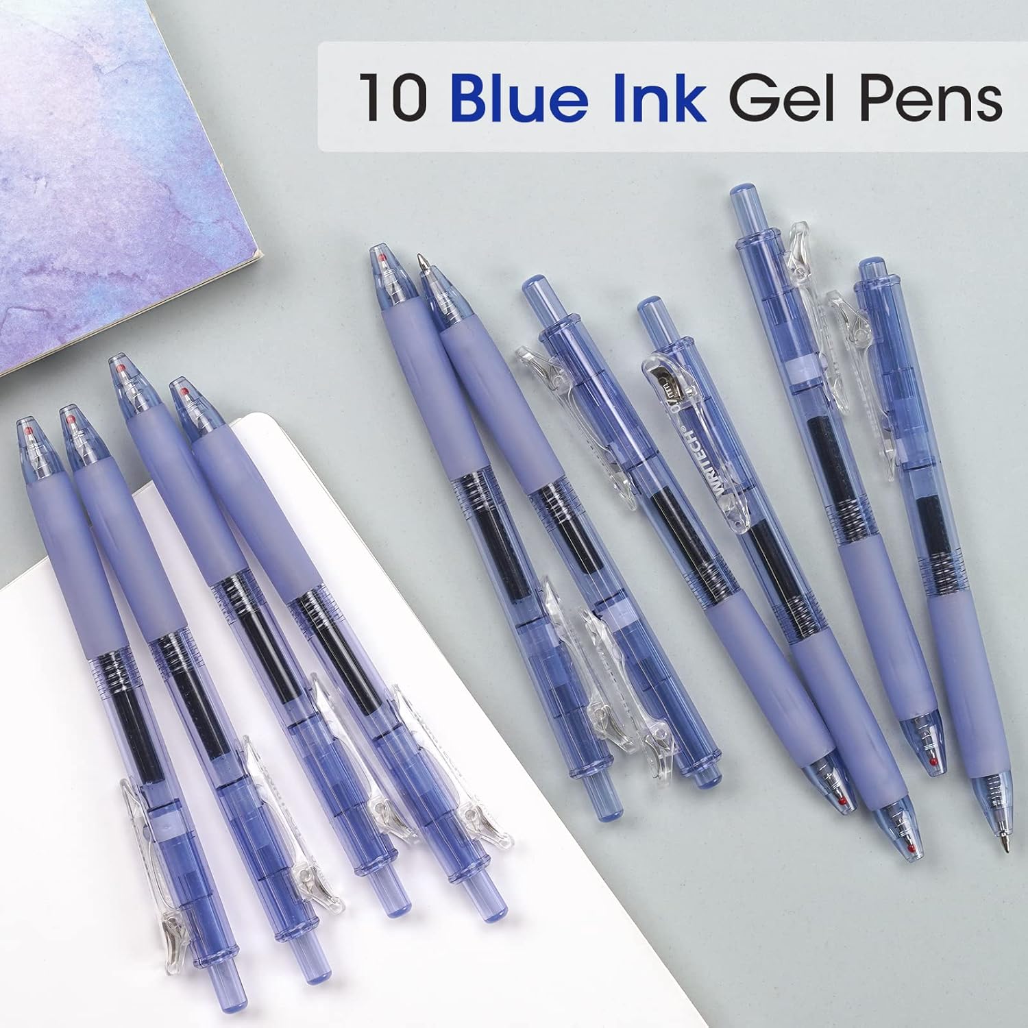 WRITECH Stylos à gel rétractables 0,7 mm, pointe moyenne, encre bleue, pour le journaling, écriture fluide, pointe fine, encre à séchage rapide, sans transfert, lot de 10 pièces