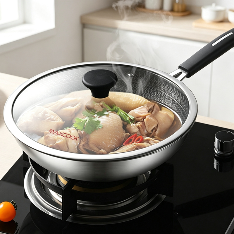 Maxcook Poêle wok 30 cm avec couvercle en verre trempé, intérieur en nid d'abeille antiadhésif en céramique, construction en acier inoxydable composite à 3 couches