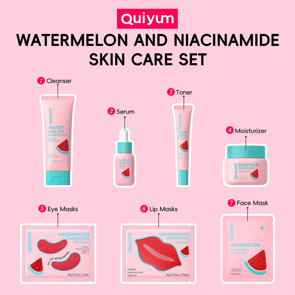 Quiyum Coffret de soins à la pastèque (13 pièces) - Nettoyant pour le visage 100 g, Sérum 30 ml, Crème contour des yeux 20 g, Crème pour le visage 50 g, Masque pour les yeux 6 g × 2, Masque pour les lèvres 6 g × 2, Masque pour le visage 25 g × 2, Ave
