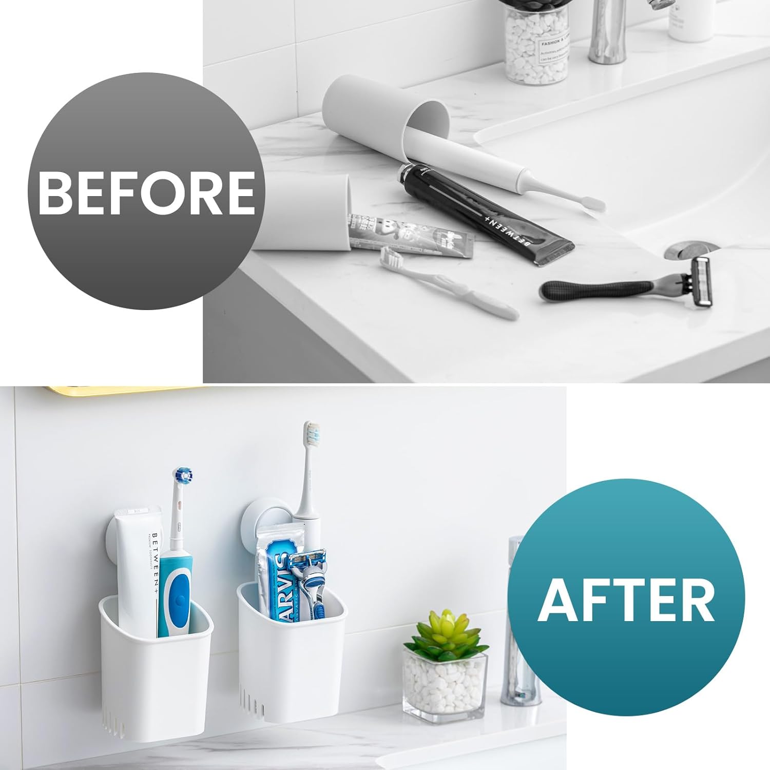 TAILI Lot de 2 supports pour brosse à dents/dentifrice muraux à ventouse - Blanc