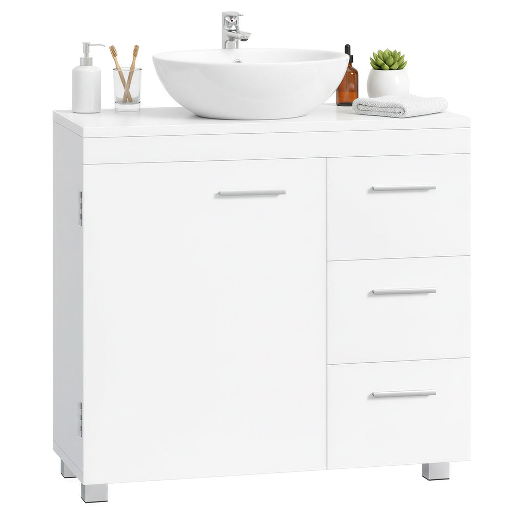 JOYFURNOS Armoire sous lavabo pour salle de bain, Blanc Mat, 30 x 70 x 63,8 cm – meuble de rangement avec pieds, 3 tiroirs et 2 compartiments derrière la porte, pour lavabos avec socle