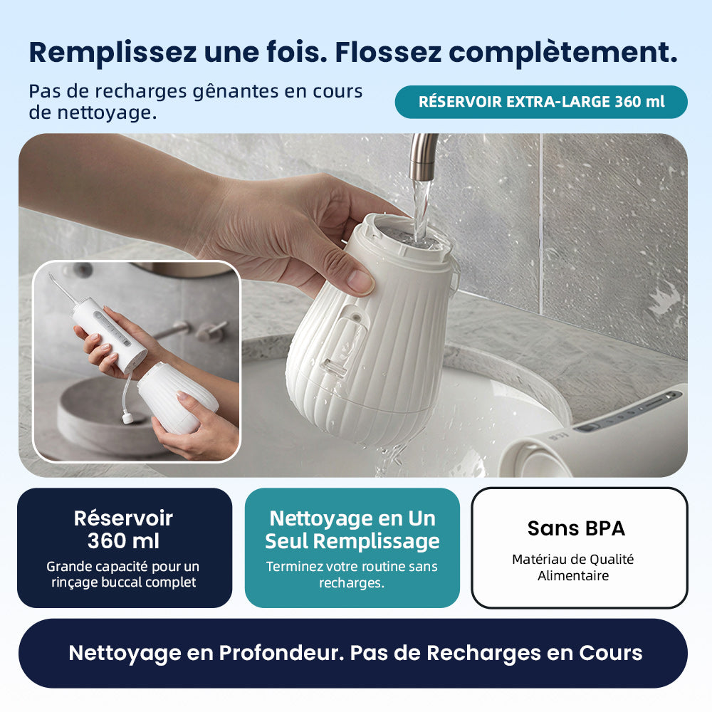 BAIR CARE M11 Hydropulseur dentaire avec assainissement UV (99,9 % d’élimination des bactéries), Très grand réservoir 360 ml, Rangement des buses, Rechargeable USB-C