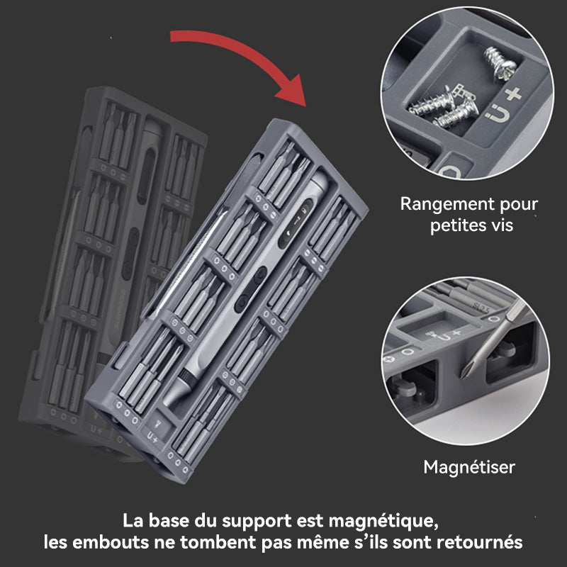 EasyWox Kit de tournevis électrique numérique avec batterie au lithium 350 mAh, 48 embouts, temps de charge 90 min, couple 0,3 Nm électrique / 3,5 Nm manuel et poignée en aluminium