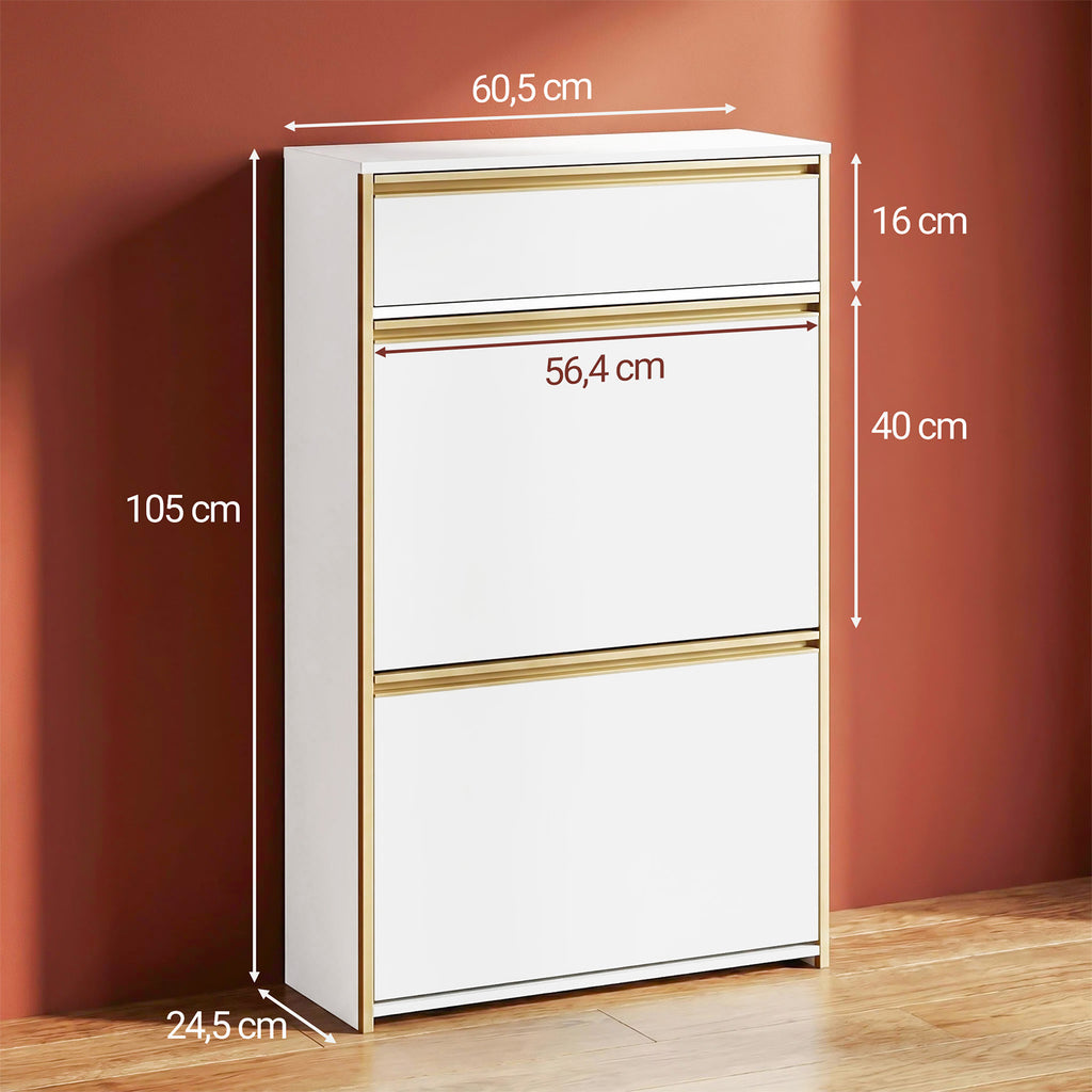 HaluPeit Meuble à chaussures étroit avec tiroir, 2 portes battantes, 4 étagères réglables, Pour couloirs, 60 x 24 x 104,5 cm, Blanc et doré