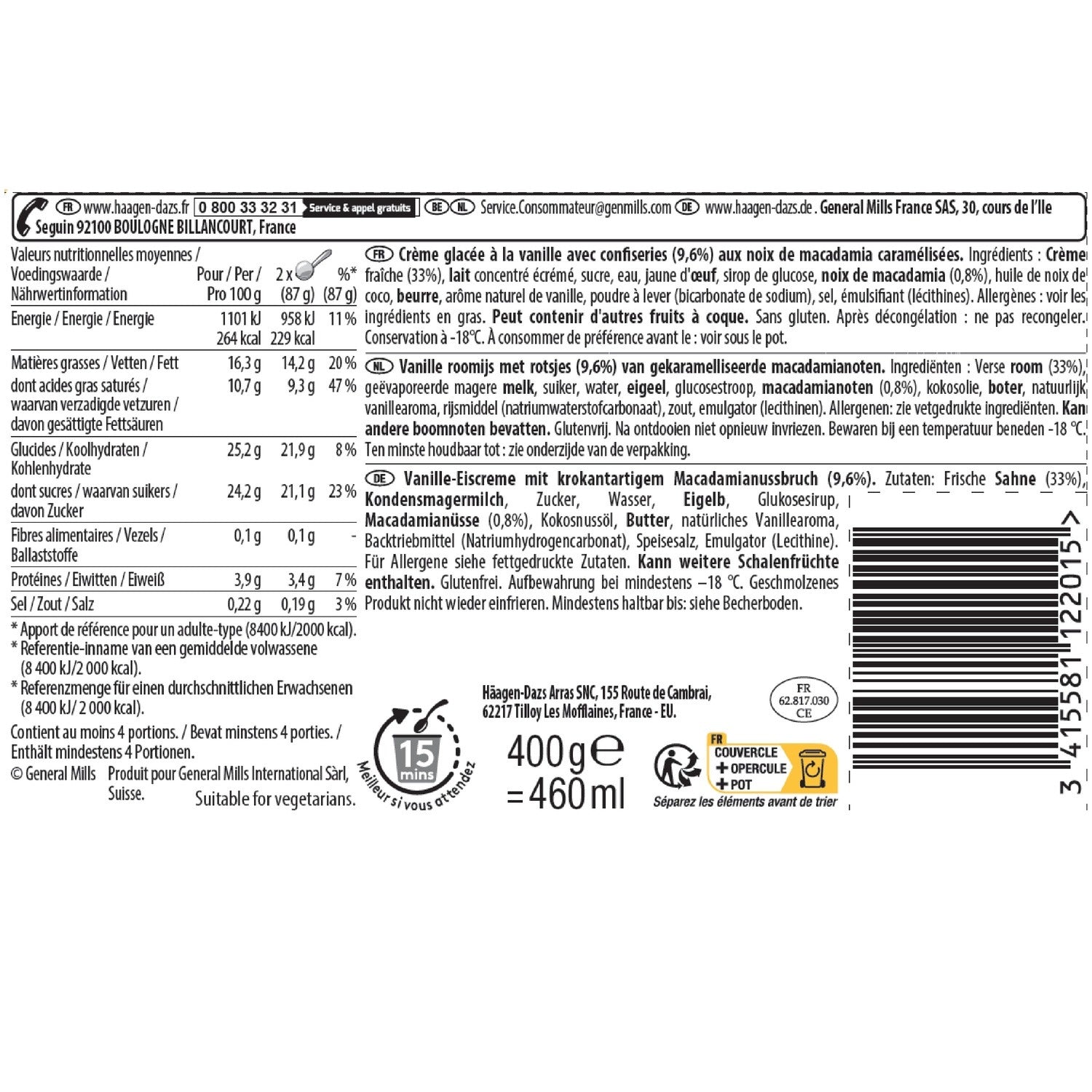 Crème glacée aux noix de macadamia 400 g