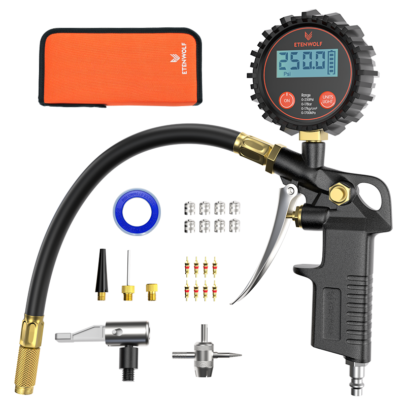 ETENWOLF T500 Manomètre numérique pour pneus avec gonfleur 0-250 PSI, calibré selon ANSI B40.7 grade 2A, embout à air et accessoires pour compresseur avec sac de rangement - Noir