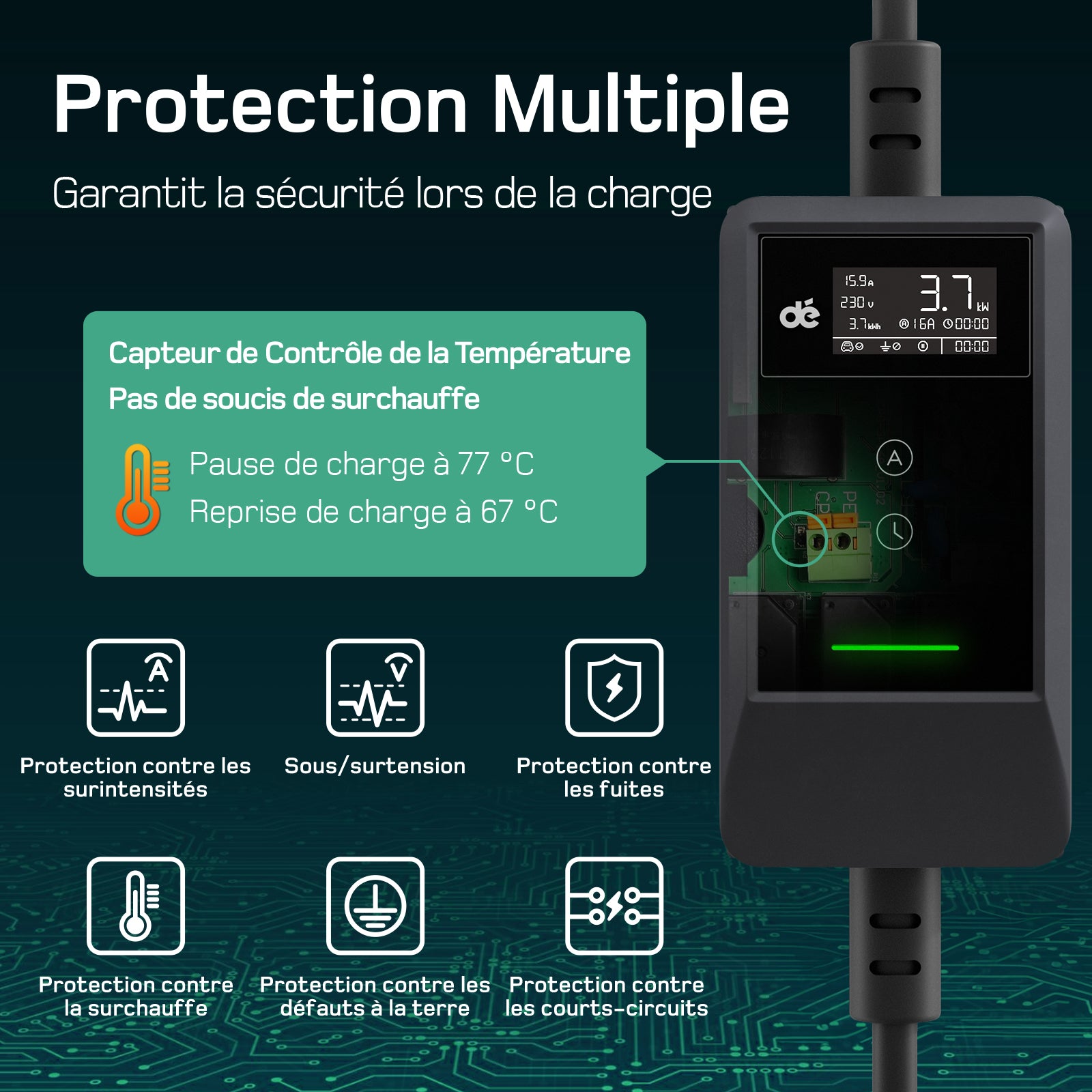 dé Chargeur EV 3,7 kW avec application 7 m 6–16 A réglable Type 2 Schuko Chargeur de voiture électrique Plug & Play avec écran LCD, IP66, et DDR Type A 30 mA AC + 6 mA DC, Câble de charge de voiture électrique pour EV/PHEV, Noir