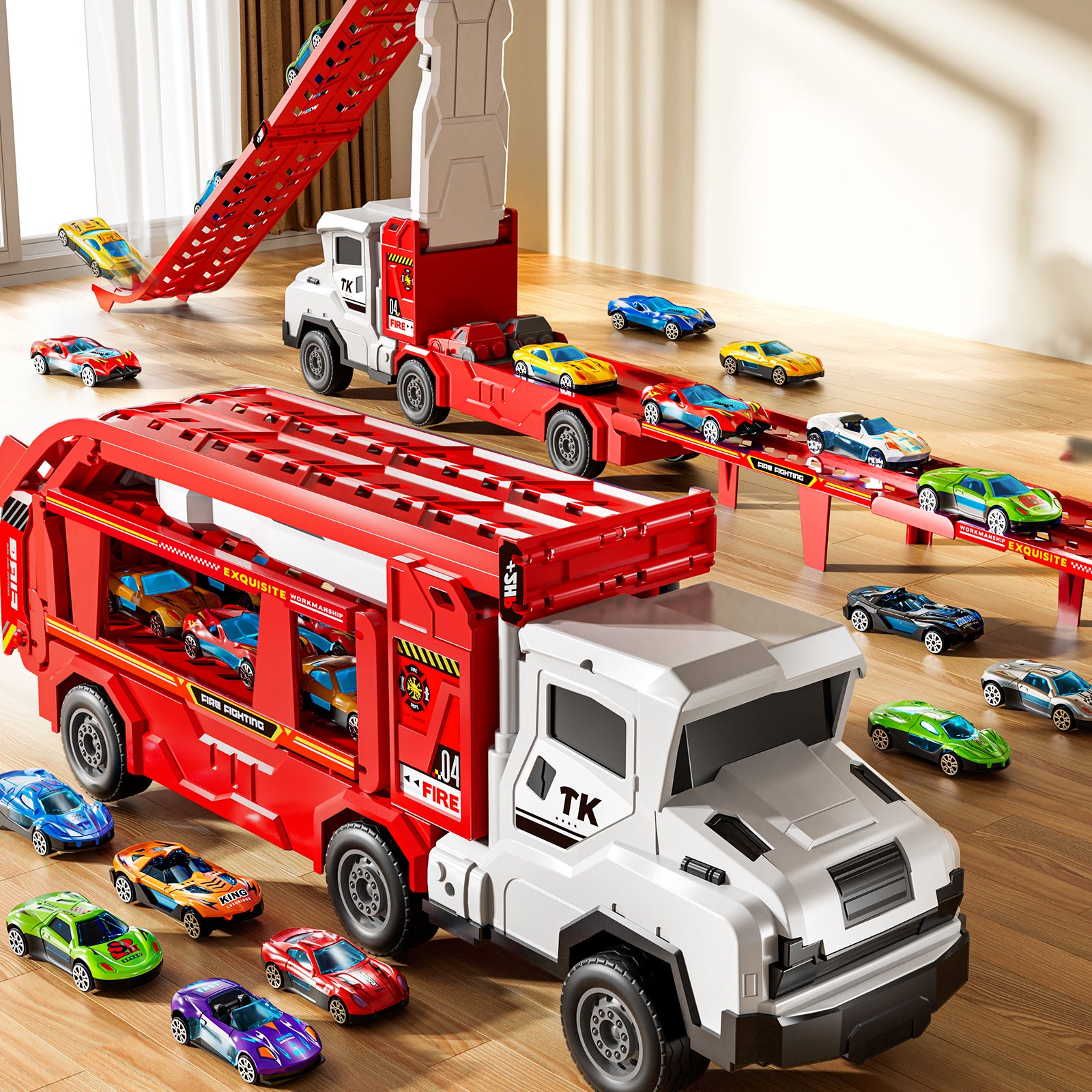 Jouet camion de transport TEMI avec 12 voitures en métal moulé sous pression, support de circuit de course pliable pour enfants