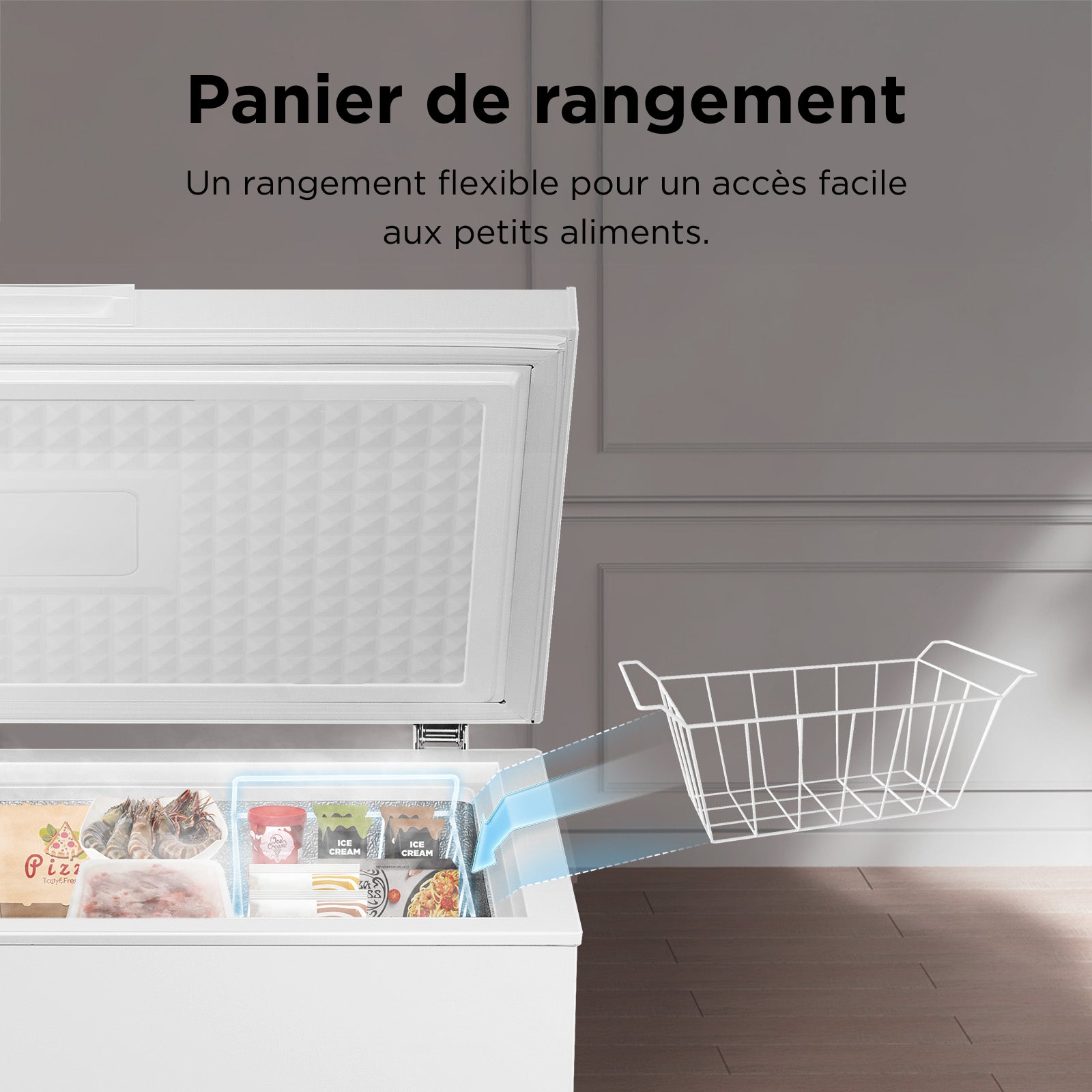 TCL CF182EWE0FR Congélateur 140 L, panier de rangement inclus, couvercle à équilibrage par contrepoids, convient pour diverses applications, thermostat réglable, pieds réglables