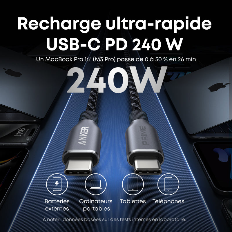 Anker Prime Câble USB-C vers USB-C tressé recyclé, 240 W, 180 cm