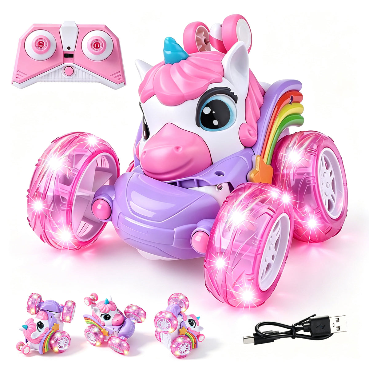 Voiture de Cascade de Licorne Télécommandée pour Enfants, Camion Télécommandé à Rotation de 360 Degrés avec Roues Lumineuses, Cadeau de Voiture Jouet Rechargeable Thème Licorne Rose Violet Mignon pour Petites Filles Âge 3+