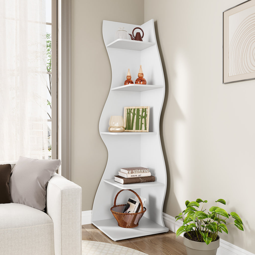 Tribesigns Étagère d'angle, Bibliothèque d'angle murale moderne à 5 niveaux, Petite bibliothèque d'angle élégante, Étagère de rangement porte-plantes de forme unique pour salon et bureau à domicile (Blanc, 1 pièce)