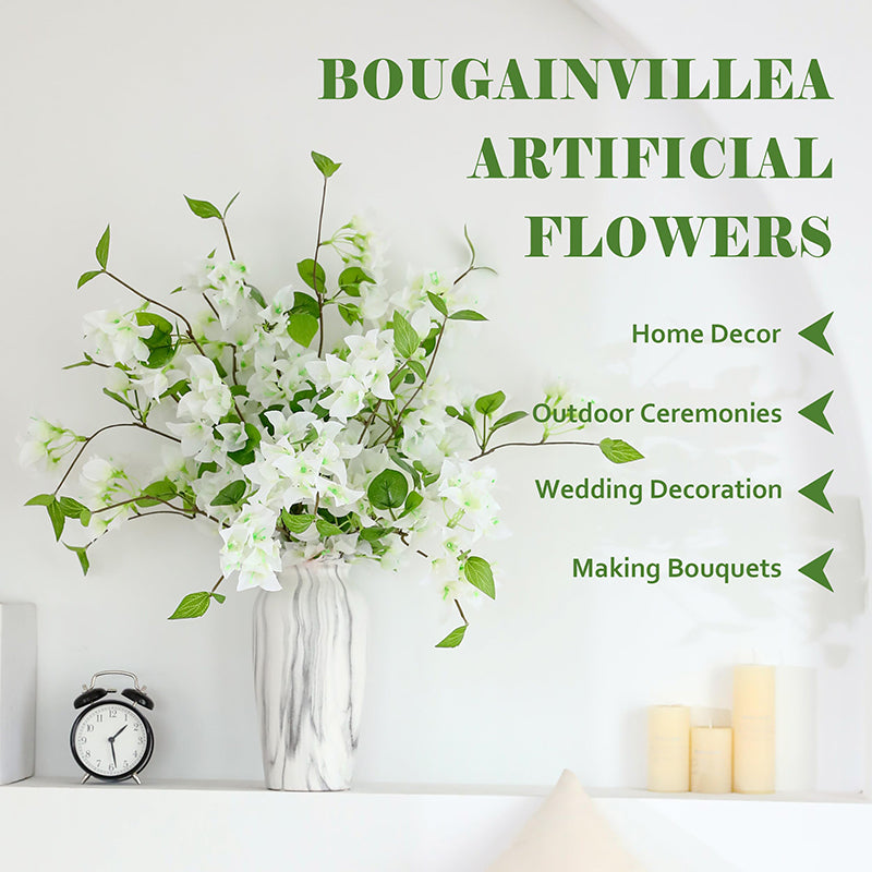 Yuejia 5 pièces 29,52 in / 74,98 cm Fleurs artificielles de bougainville Faux rameaux de bougainville Vignes de fleurs artificielles pour maison, jardin, mariage, fête, intérieur et extérieur, arrangement floral et décoration DIY (blanc)