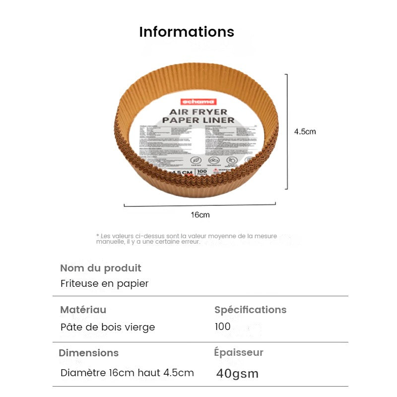 ochama x J.ZAO Papier pour Friteuse à Air - 100 Feuilles de Papier Cuisson Jetable, Résistant à la Chaleur, Qualité Alimentaire, Essentiel pour Friture à Air, Cuisson et Conservation - Accessoires de Cuisine - 1 Pack de 100 pièces