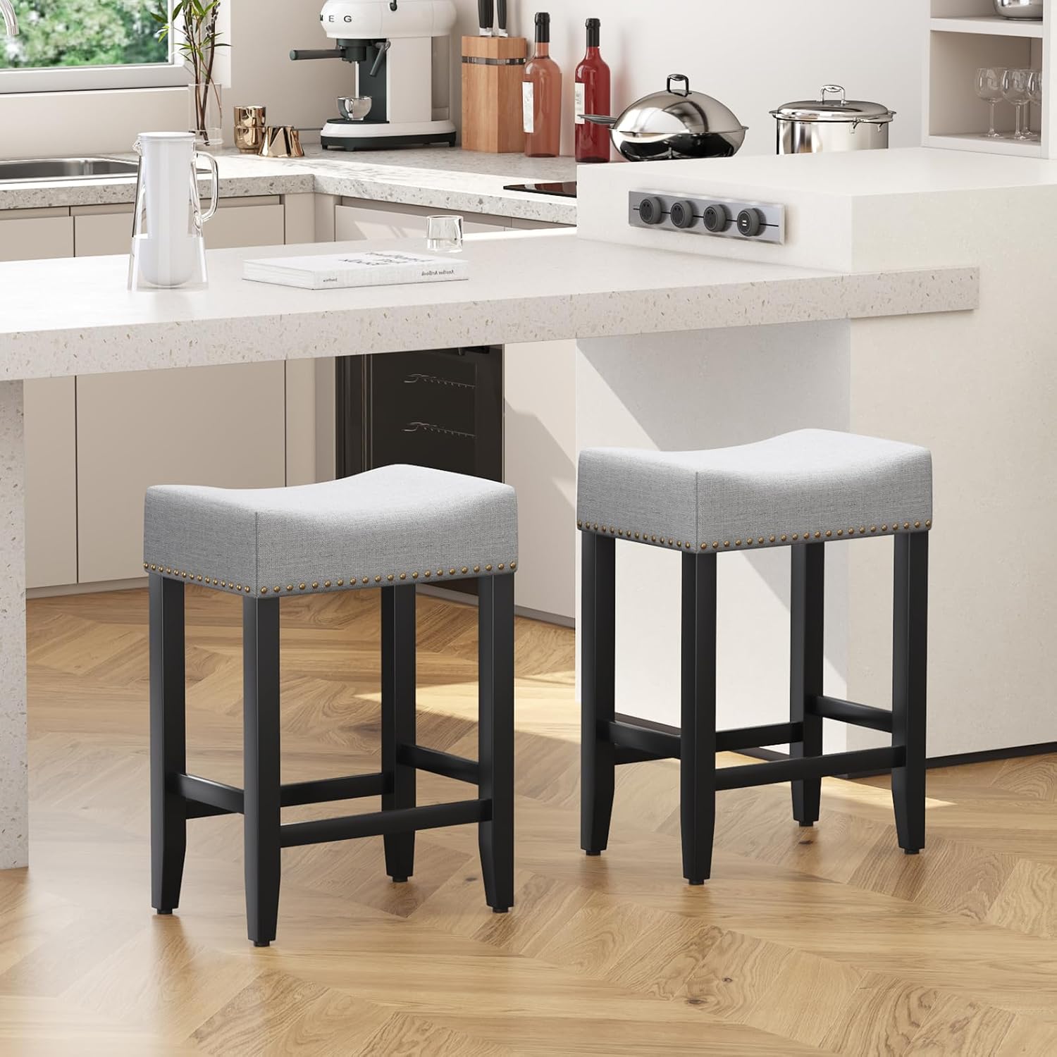Ckaff Lot de 2 tabourets de bar, Chaises de bar hauteur 65,5 cm, Chaises de cuisine, En lin, Chaise de maquillage, Chaise de salle à manger, Tabouret de salle de bain