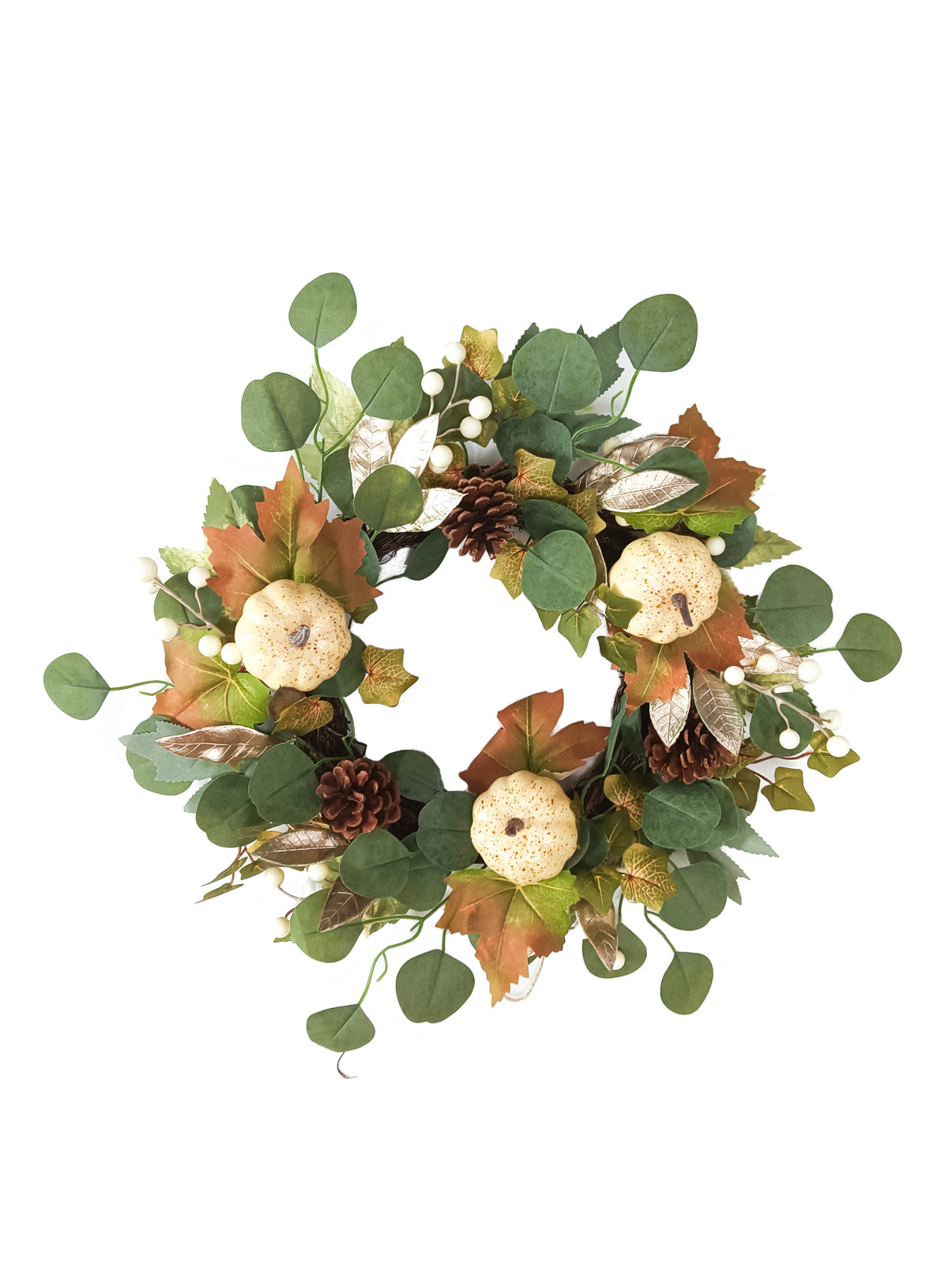 Daisy Darcy 50 cm Couronne de citrouille d'automne Base en rotin Matériau naturel : pomme de pin