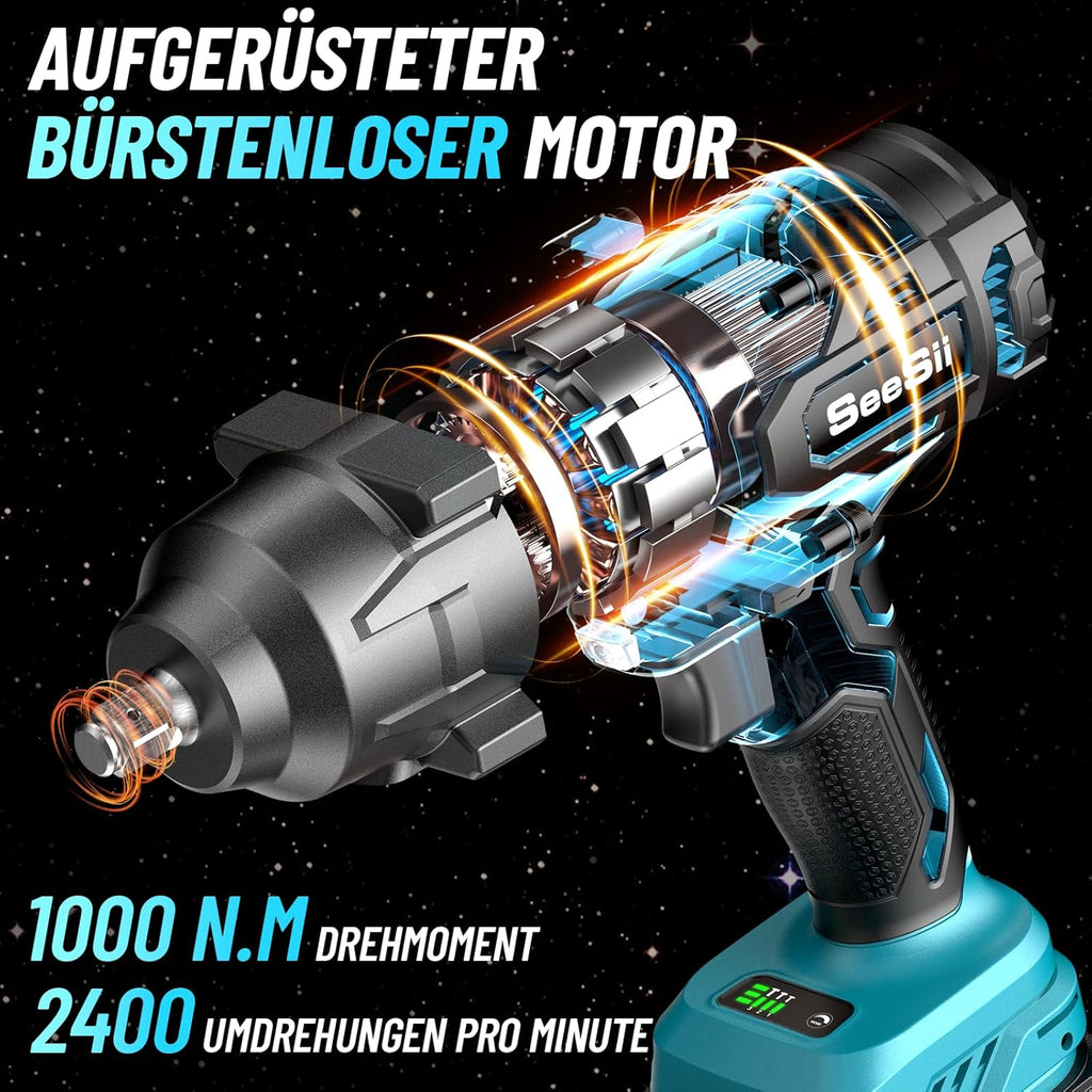 SEESII Clé à chocs sans fil 1000 Nm (740 lb-pi) 2400 tr/min 1/2" à haute couple avec batterie 21 V 2 x 4,0 Ah, 5 douilles et coffret, pour vis et écrous, retrait de pneus de voiture et de camion