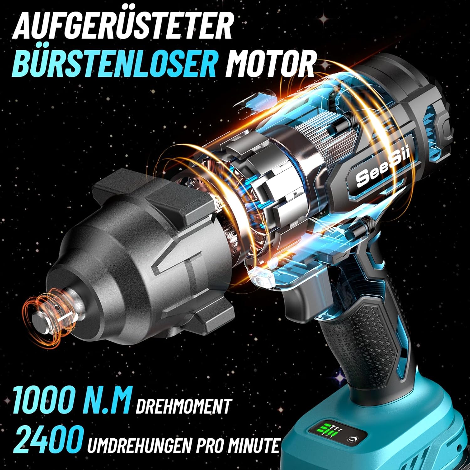 SEESII Clé à chocs sans fil 1000 Nm (740 lb-pi) 2400 tr/min 1/2" à haute couple avec batterie 21 V 2 x 4,0 Ah, 5 douilles et coffret, pour vis et écrous, retrait de pneus de voiture et de camion