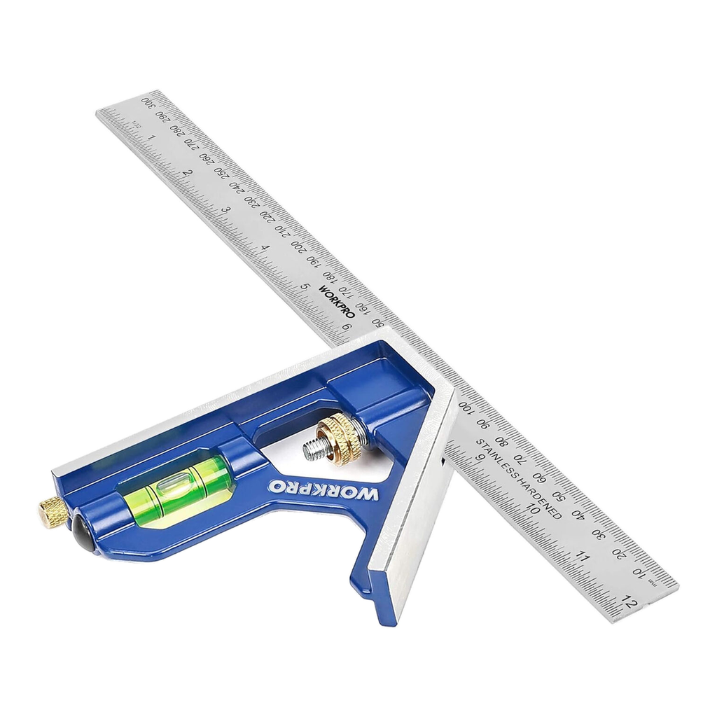 WORKPRO Équerre combinée 12in/300 mm, construction en acier inoxydable et zinc, 32 cm, bleu transparent, graduation 0-300 mm, outil de mesure pour ingénieurs et menuisiers