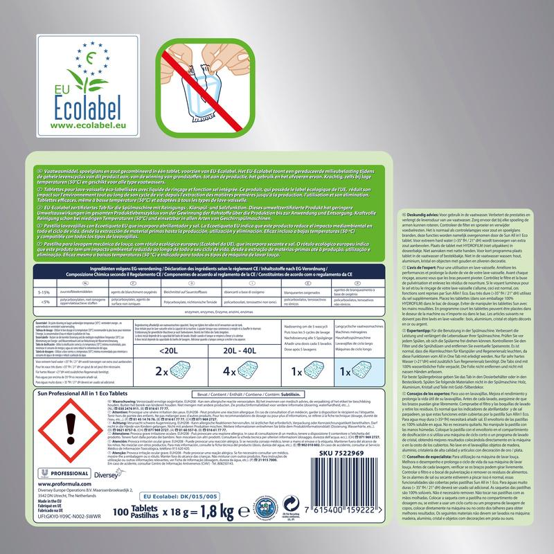 SUN Eco Tablettes lave-vaisselle Tout en 1 Ecolabel européen film hydrosoluble 100 tablettes