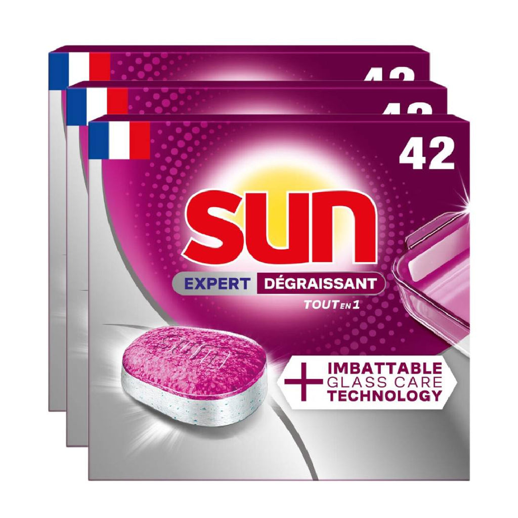 SUN Tout-en-1 Expert Tablettes Lave-Vaisselle Dégraissantes Technologie Glasscare 3 x 42 Tablettes (= 126 Tablettes) (126 Lavages)