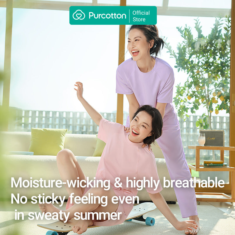 Purcotton Ensemble de loungewear en tricot antibactérien pour femme - Style short - Confortable et respectueux de la peau - Style reposant et décontracté