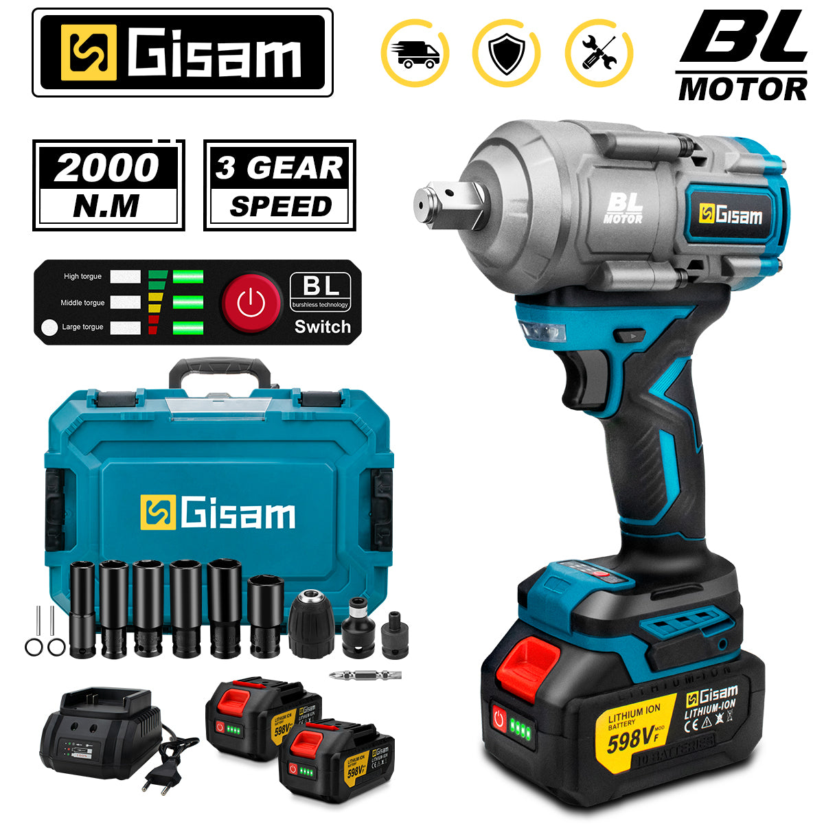 GISAM Clé à chocs électrique brushless sans fil 2000N.m 1/2 pouce, compatible avec batterie Makita 18 V