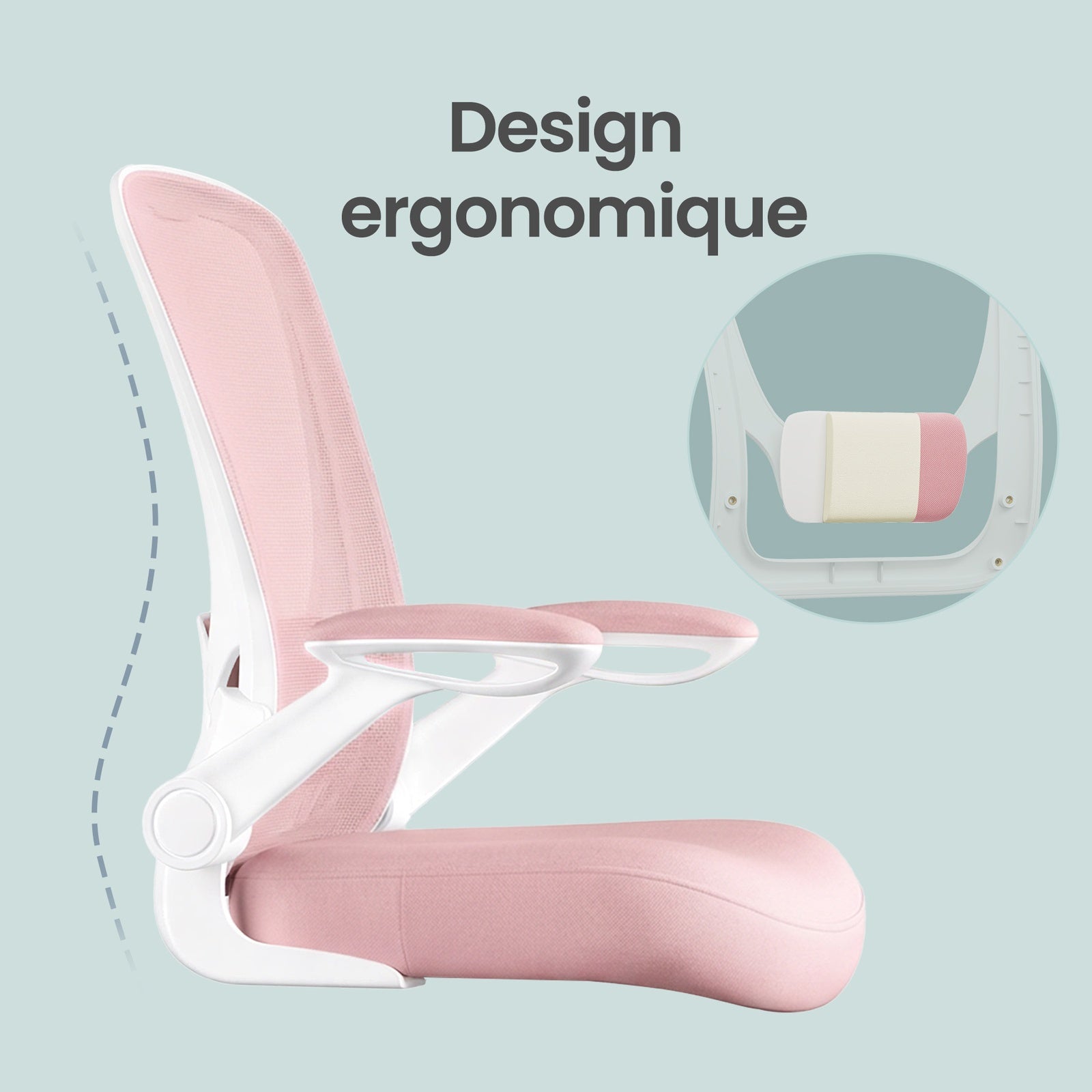 JOYFURNOS Chaise de bureau ergonomique blanc nuage en maille – Accoudoirs relevables, épais coussin en mousse, inclinaison 90–105°, hauteur réglable 103–110 cm
