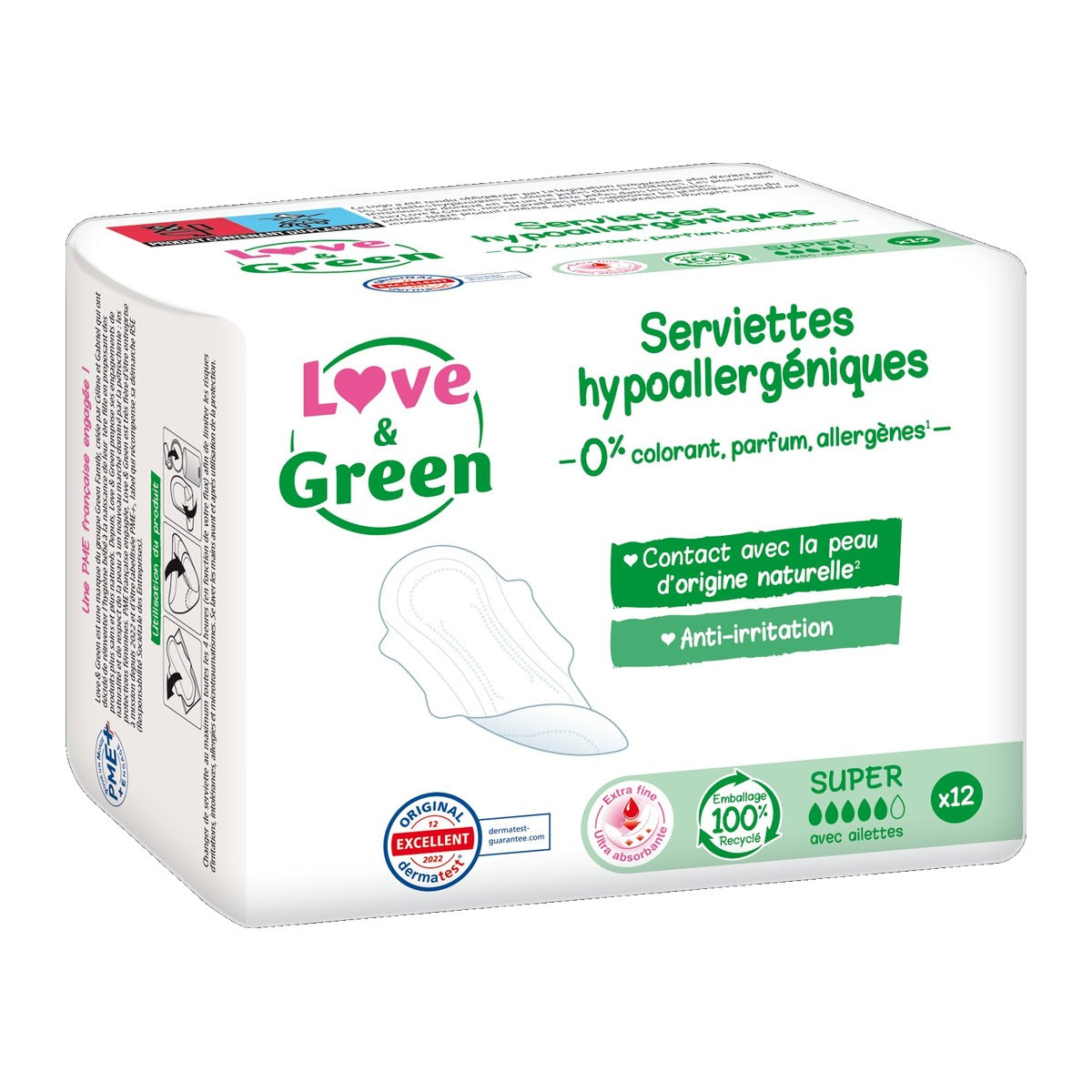 LOVE & GREEN Serviettes Hygiéniques Hypoallergéniques avec Ailettes Super - 12 serviettes