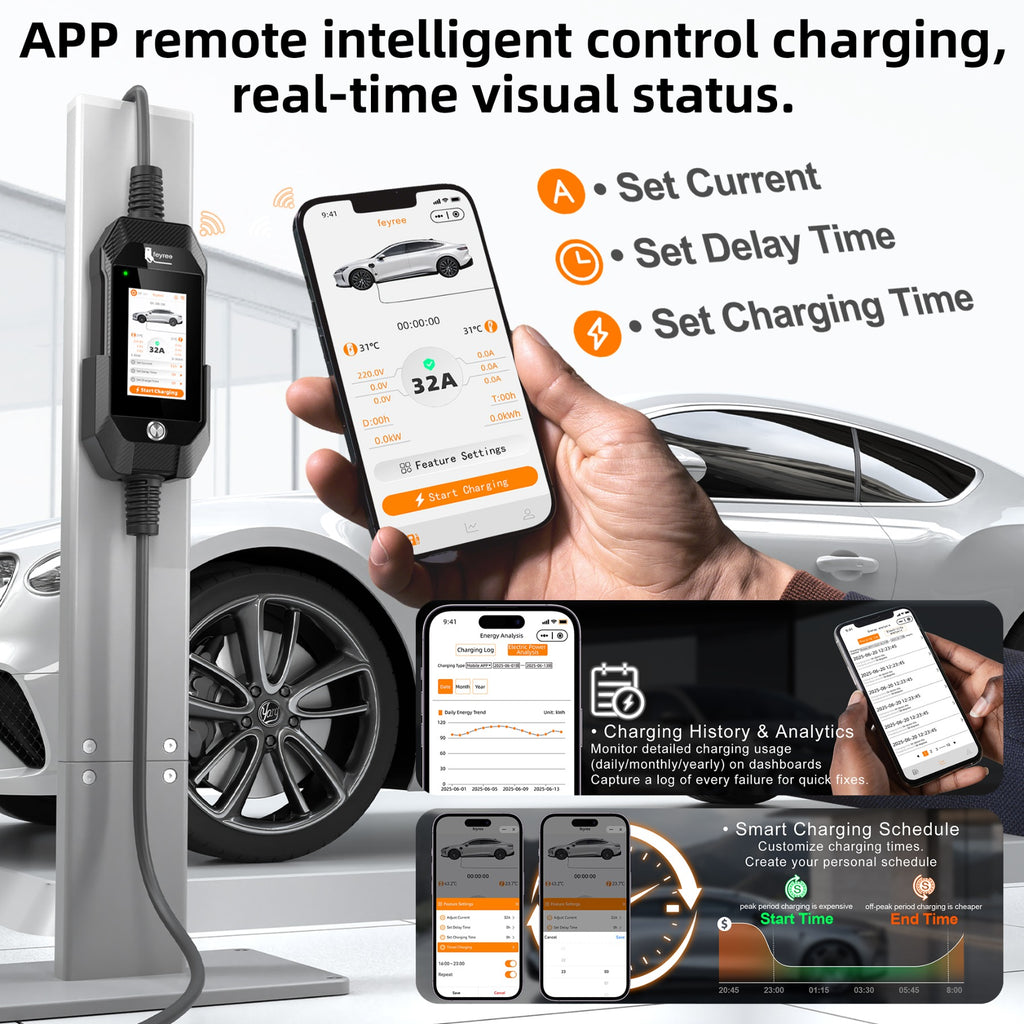 Feyree Chargeur VE portable 7 kW prise de charge Type 2 écran tactile 4,3 pouces avec application Wi-Fi intelligente chargeur VE domestique design professionnel