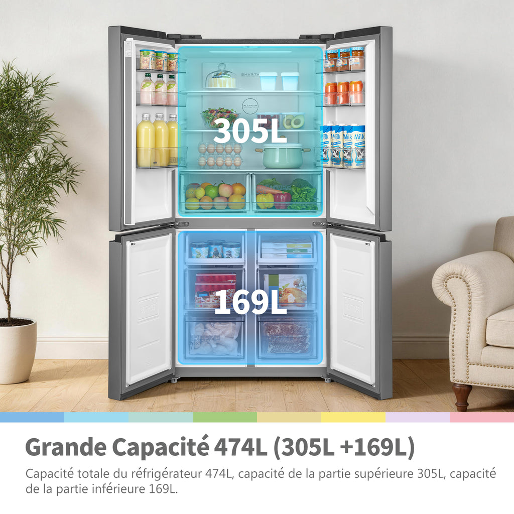 Comfee by Midea' RCF470LS2EU(E) Réfrigérateur 4 portes 474 L | Vario Box | Tiroir à légumes avec 3 températures | Plateau basculant | Contrôle et surveillance de la porte non ouverte – Argent