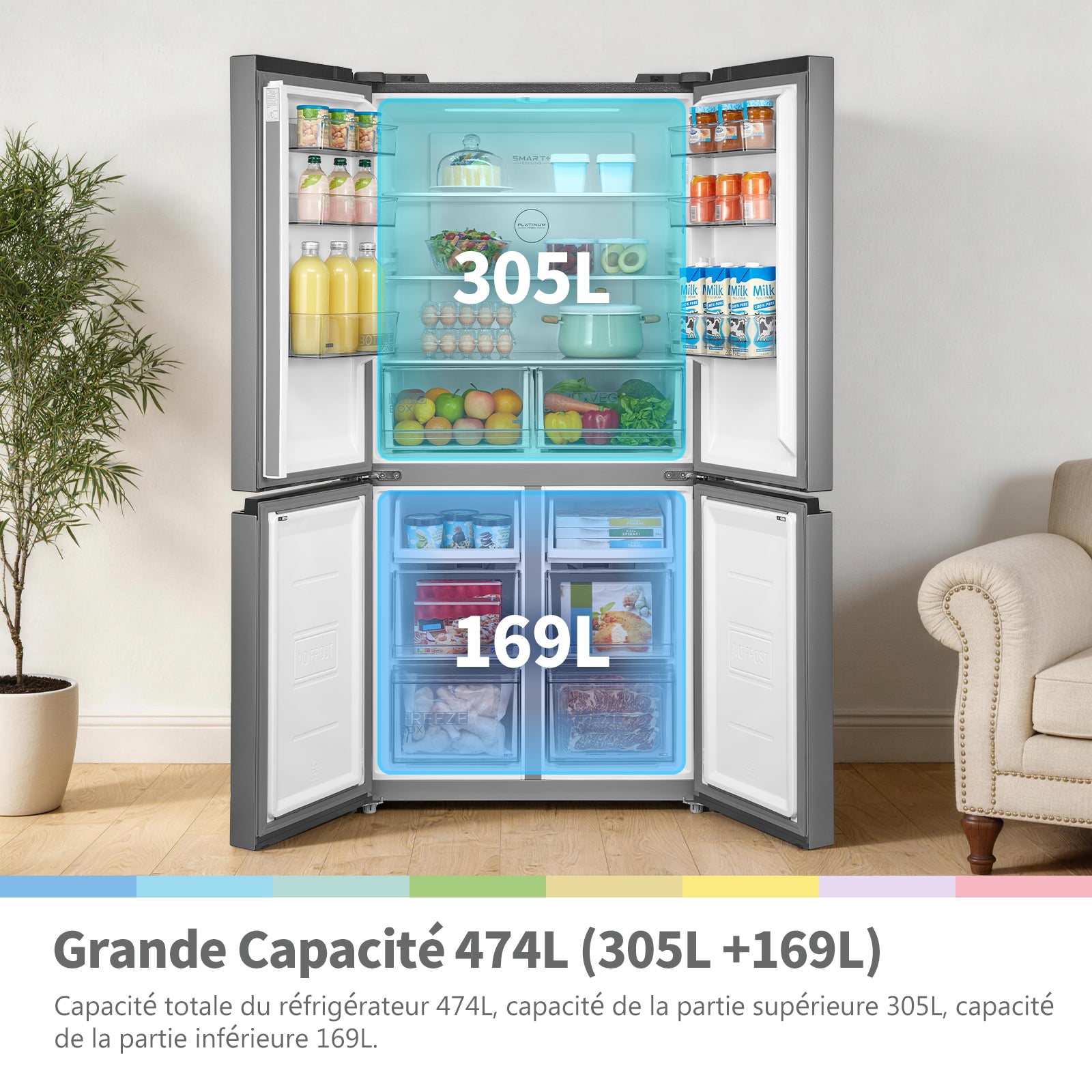 Comfee by Midea' RCF470LS2EU(E) Réfrigérateur 4 portes 474 L | Vario Box | Tiroir à légumes avec 3 températures | Plateau basculant | Contrôle et surveillance de la porte non ouverte – Argent