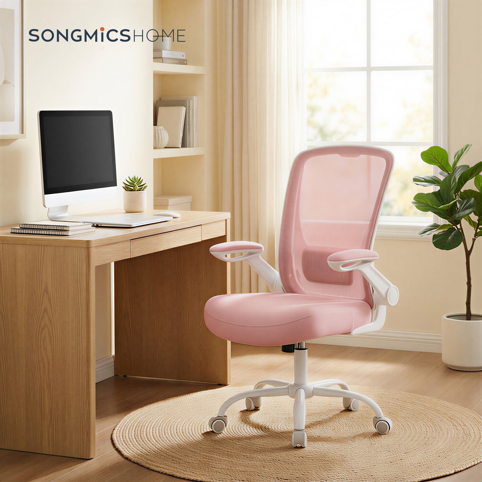 JOYFURNOS Chaise de bureau ergonomique blanc nuage en maille – Accoudoirs relevables, épais coussin en mousse, inclinaison 90–105°, hauteur réglable 103–110 cm